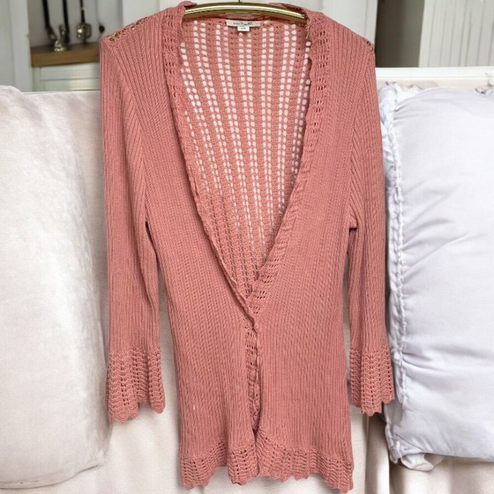 Simply Noelle Pink Open Knit‎ Bell Sleeve Open Long Cardigan